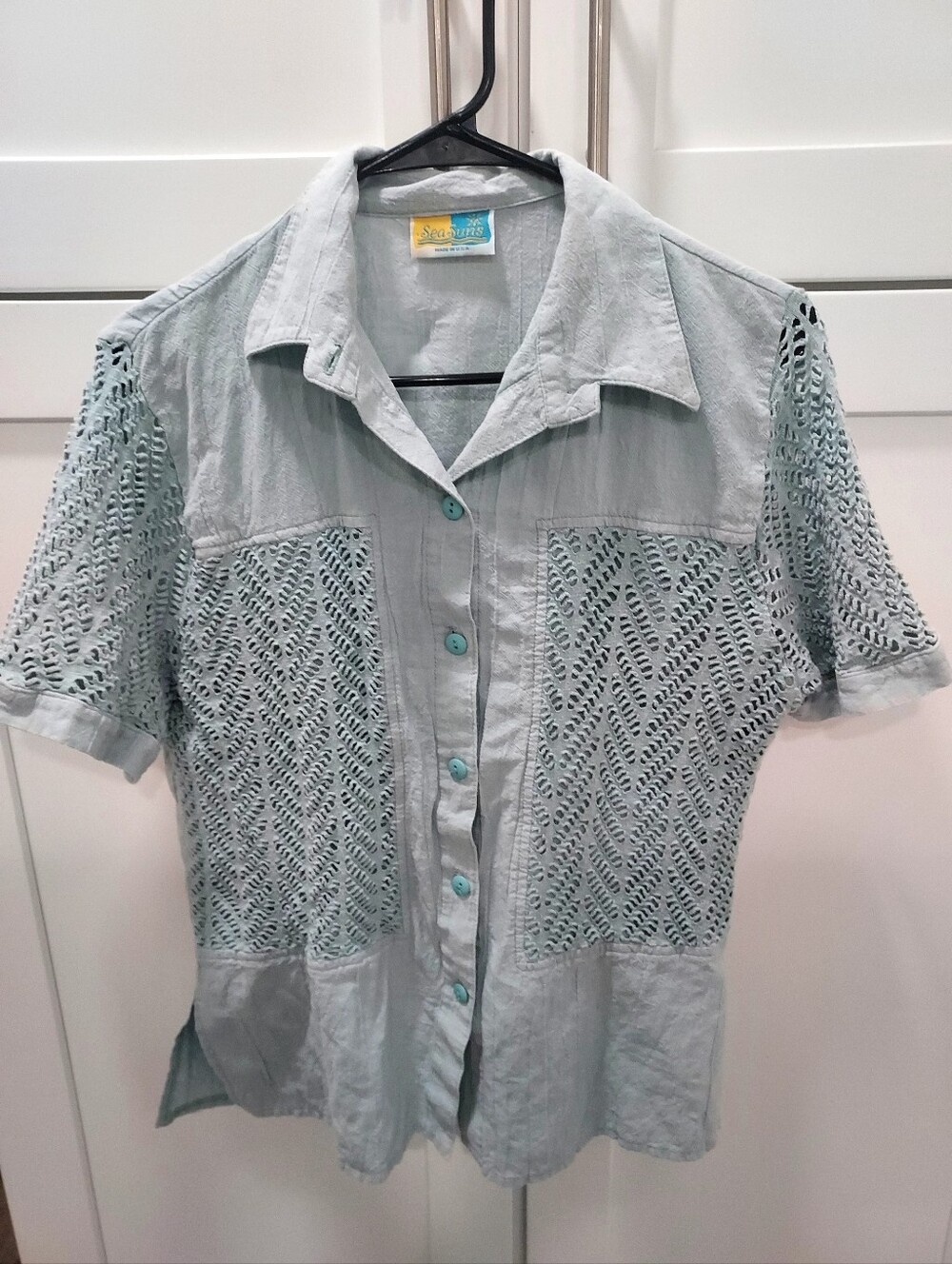 SeaSuns Light Seafoam Crochet Button-Up Top